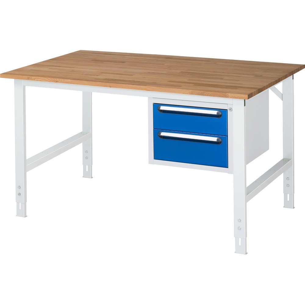 Immagine del prodotto n. 1: Tavolo da lavoro RAU regolabile in altezza serie TOM, AxLxP 760-1.080 x 1.500 x 1.000 mm, 2 cassetti, piano di lavoro in faggio massiccio