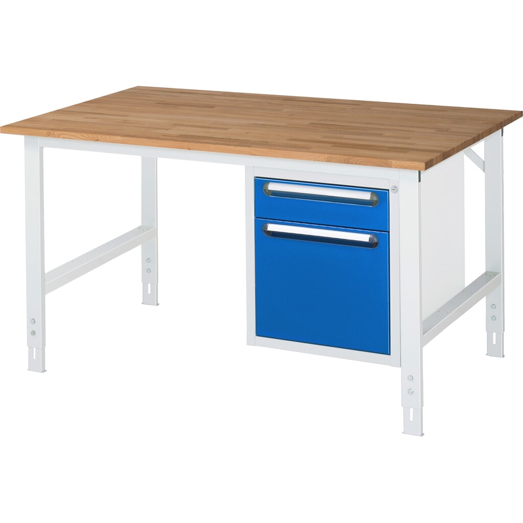 Tavolo da lavoro RAU regolabile in altezza serie TOM, AxLxP 760-1.080 x 1.500 x 1.000 mm, 2 cassetti, piano di lavoro in faggio massiccio Immagine del prodotto: Tavolo da lavoro RAU regolabile in altezza serie TOM, AxLxP 760-1.080 x 1.500 x 1.000 mm, 2 cassetti, piano di lavoro in faggio massiccio