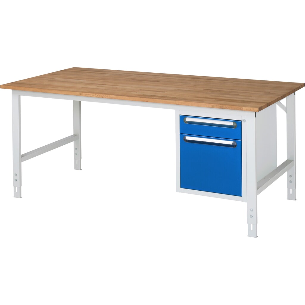 Immagine del prodotto: Tavolo da lavoro RAU regolabile in altezza serie TOM, AxLxP 760-1.080 x 2.500 x 1.000 mm, 2 cassetti, piano di lavoro in faggio massiccio