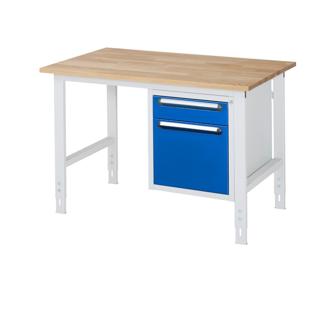 Immagine del prodotto n. 1: Tavolo da lavoro RAU regolabile in altezza serie TOM, AxLxP 760-1.080 x 1.250 x 800 mm, 2 cassetti, piano di lavoro in faggio massiccio