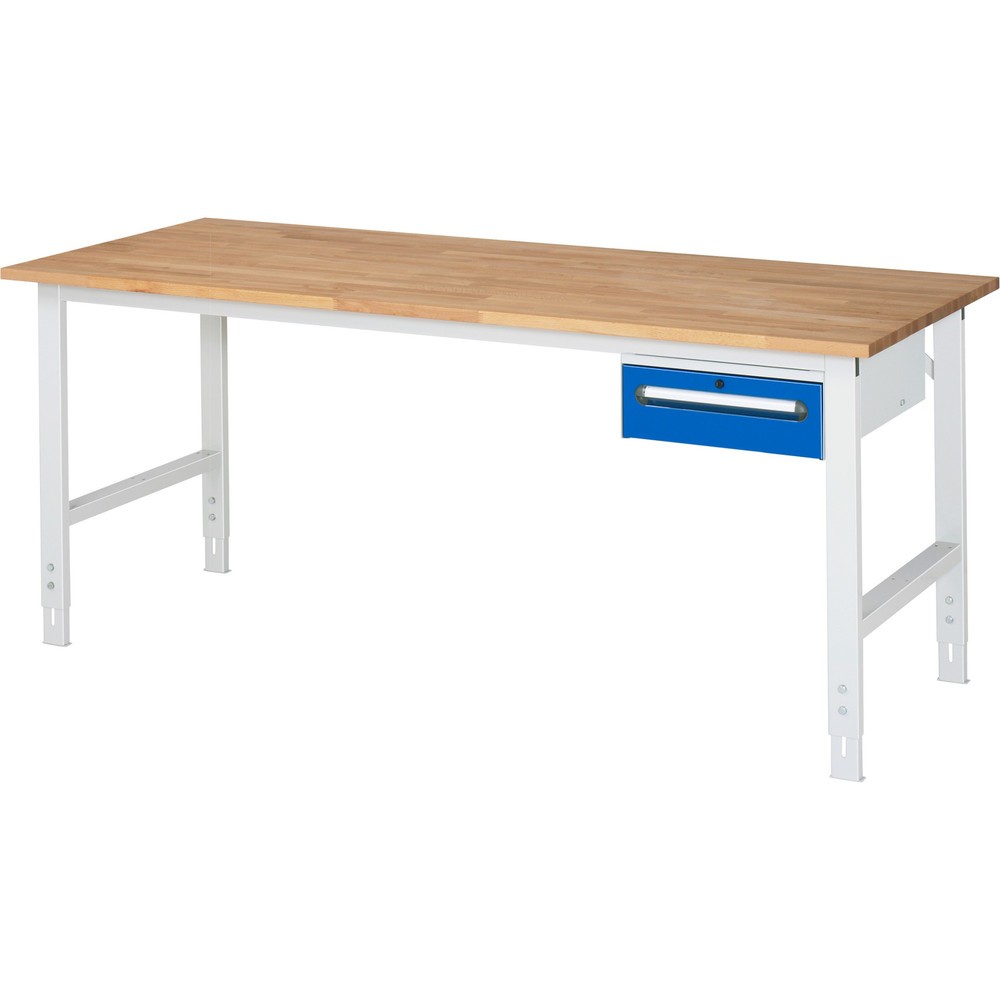 Immagine del prodotto n. 1: Tavolo da lavoro RAU regolabile in altezza serie TOM, AxLxP 760-1.080 x 2.500 x 800 mm, 2 cassetti, piano di lavoro in faggio massiccio