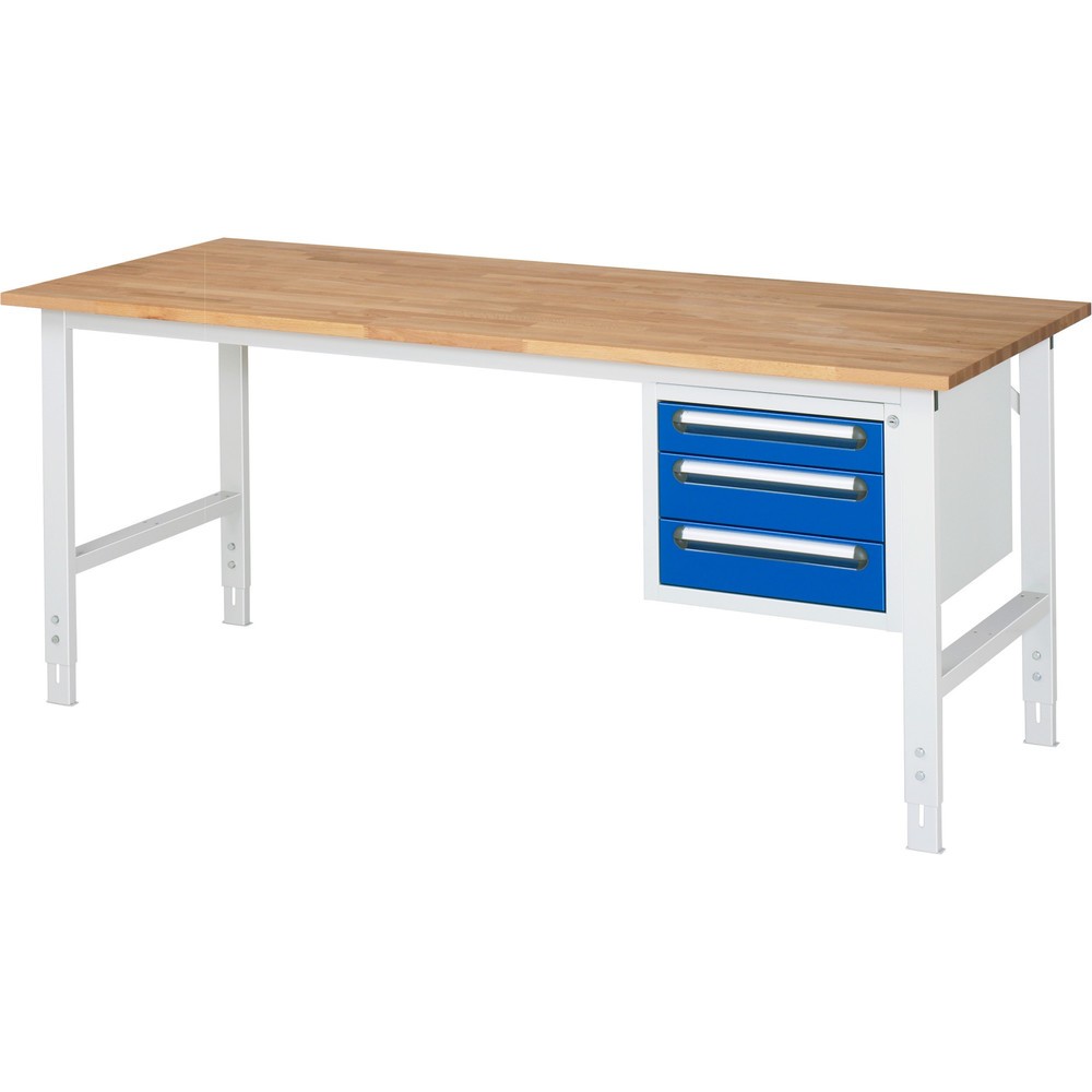 Immagine del prodotto: Tavolo da lavoro RAU regolabile in altezza serie TOM, AxLxP 760-1.080 x 2.500 x 800 mm, 2 cassetti, piano di lavoro in faggio massiccio