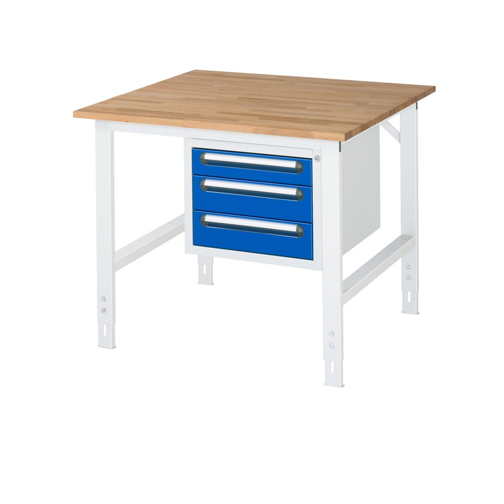 Immagine del prodotto: Tavolo da lavoro RAU regolabile in altezza serie TOM, AxLxP 760-1.080 x 1.000 x 1.000 mm, 3 cassetti, piano di lavoro in faggio massiccio