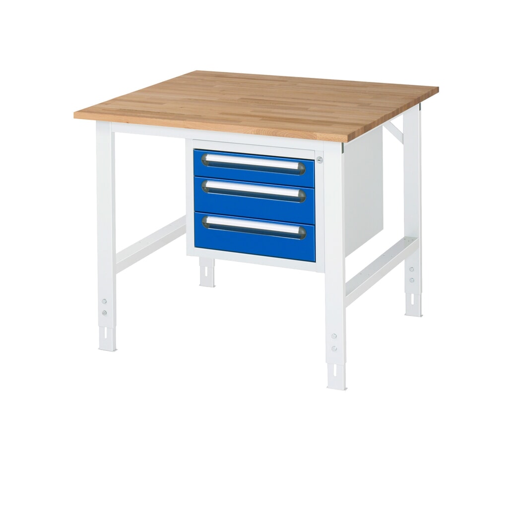 Tavolo da lavoro RAU regolabile in altezza serie TOM, AxLxP 760-1.080 x 1.000 x 1.000 mm, 3 cassetti, piano di lavoro in faggio massiccio Immagine del prodotto: Tavolo da lavoro RAU regolabile in altezza serie TOM, AxLxP 760-1.080 x 1.000 x 1.000 mm, 3 cassetti, piano di lavoro in faggio massiccio