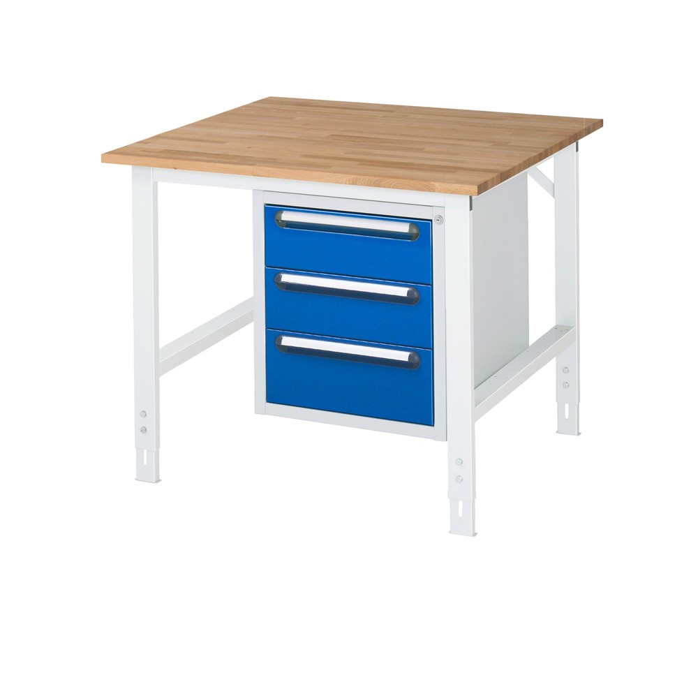 Immagine del prodotto: Tavolo da lavoro RAU regolabile in altezza serie TOM, AxLxP 760-1.080 x 1.000 x 1.000 mm, 3 cassetti, piano di lavoro in faggio massiccio