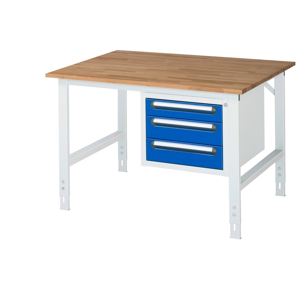 Immagine del prodotto: Tavolo da lavoro RAU regolabile in altezza serie TOM, AxLxP 760-1.080 x 1.250 x 1.000 mm, 3 cassetti, piano di lavoro in faggio massiccio