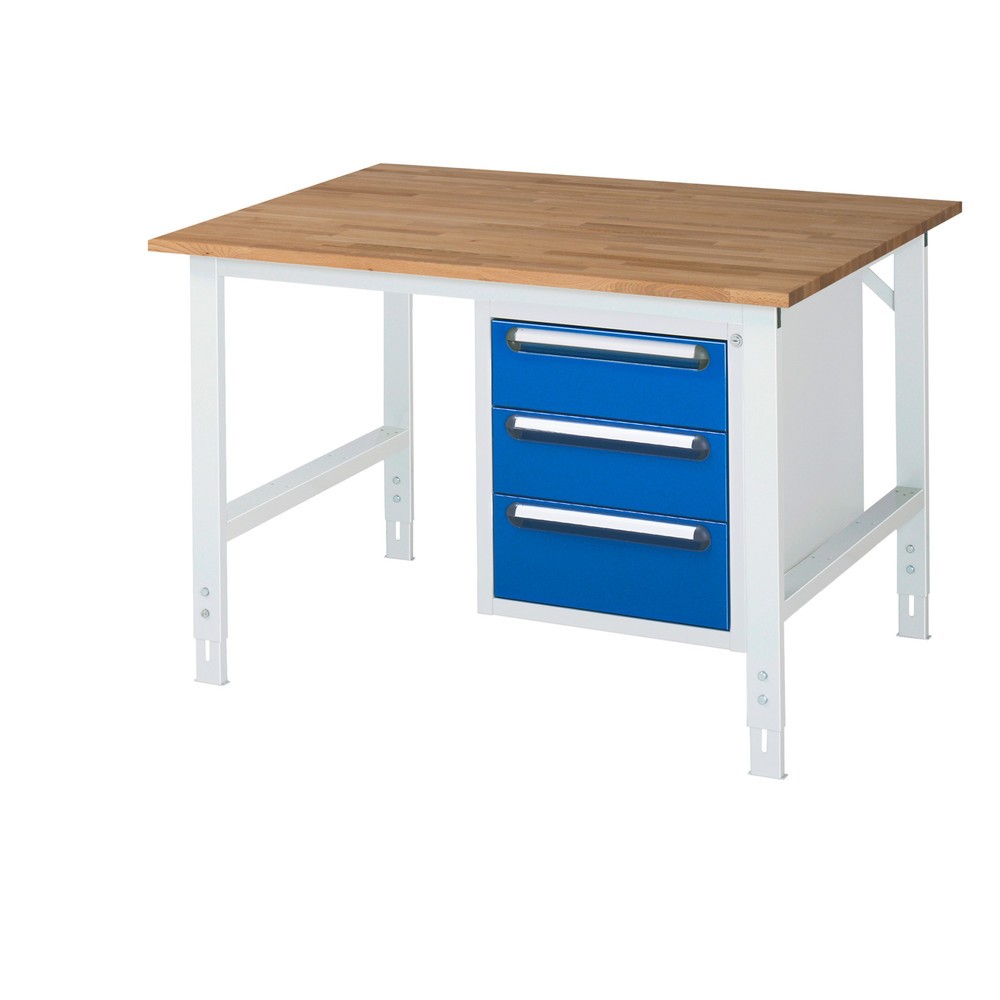 Immagine del prodotto: Tavolo da lavoro RAU regolabile in altezza serie TOM, AxLxP 760-1.080 x 1.250 x 1.000 mm, 3 cassetti, piano di lavoro in faggio massiccio