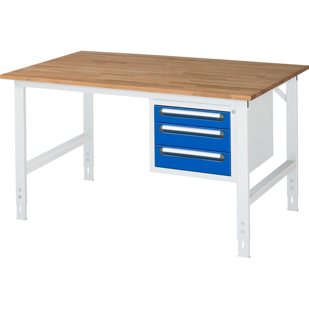 Tavolo da lavoro RAU regolabile in altezza serie TOM, AxLxP 760-1.080 x 1.500 x 1.000 mm, 3 cassetti, piano di lavoro in faggio massiccio Immagine del prodotto n. 1: Tavolo da lavoro RAU regolabile in altezza serie TOM, AxLxP 760-1.080 x 1.500 x 1.000 mm, 3 cassetti, piano di lavoro in faggio massiccio