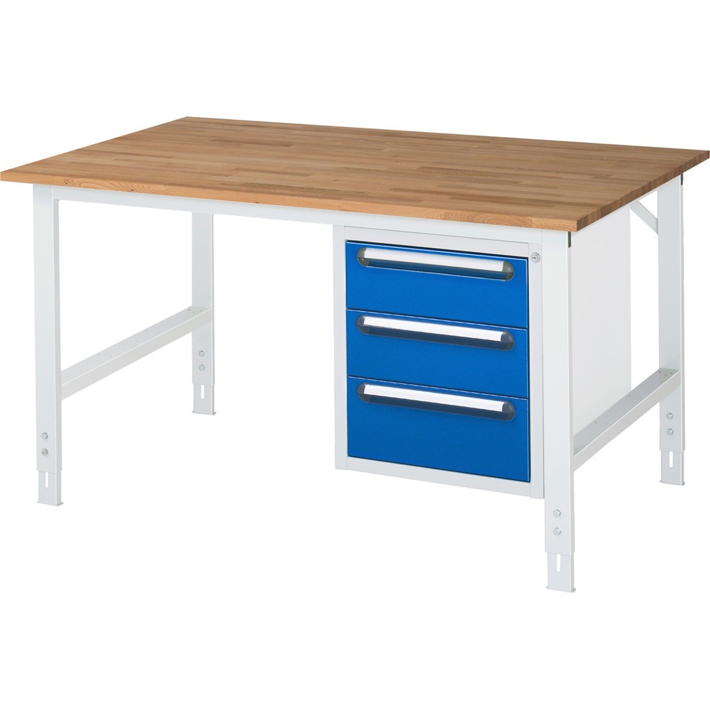 Immagine del prodotto n. 1: Tavolo da lavoro RAU regolabile in altezza serie TOM, AxLxP 760-1.080 x 1.500 x 1.000 mm, 3 cassetti, piano di lavoro in faggio massiccio