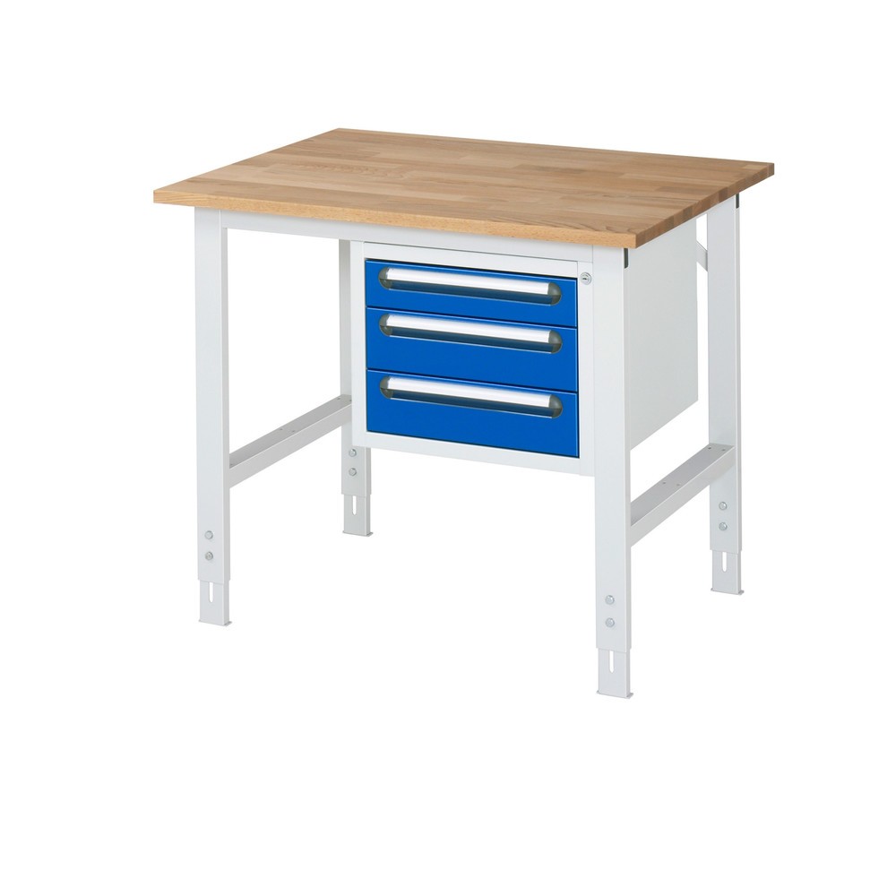 Immagine del prodotto: Tavolo da lavoro RAU regolabile in altezza serie TOM, AxLxP 760-1.080 x 1.000 x 800 mm, 3 cassetti, piano di lavoro in faggio massiccio