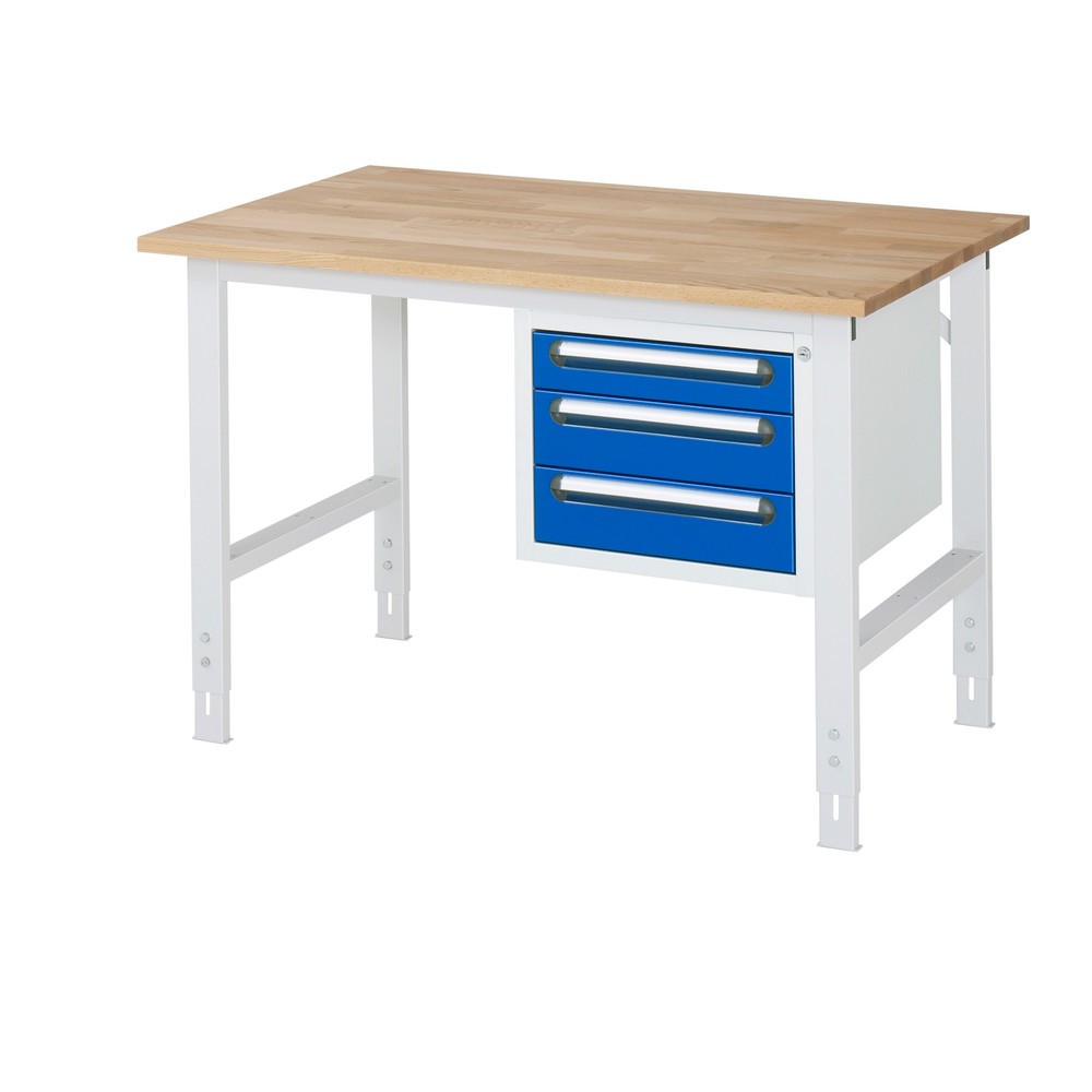 Immagine del prodotto n. 1: Tavolo da lavoro RAU regolabile in altezza serie TOM, AxLxP 760-1.080 x 1.250 x 800 mm, 3 cassetti, piano di lavoro in faggio massiccio