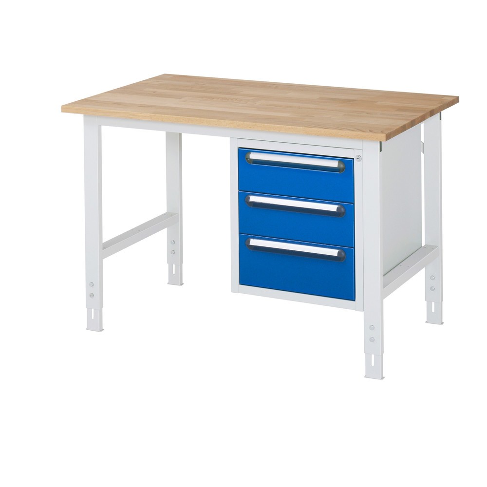 Immagine del prodotto: Tavolo da lavoro RAU regolabile in altezza serie TOM, AxLxP 760-1.080 x 1.250 x 800 mm, 3 cassetti, piano di lavoro in faggio massiccio