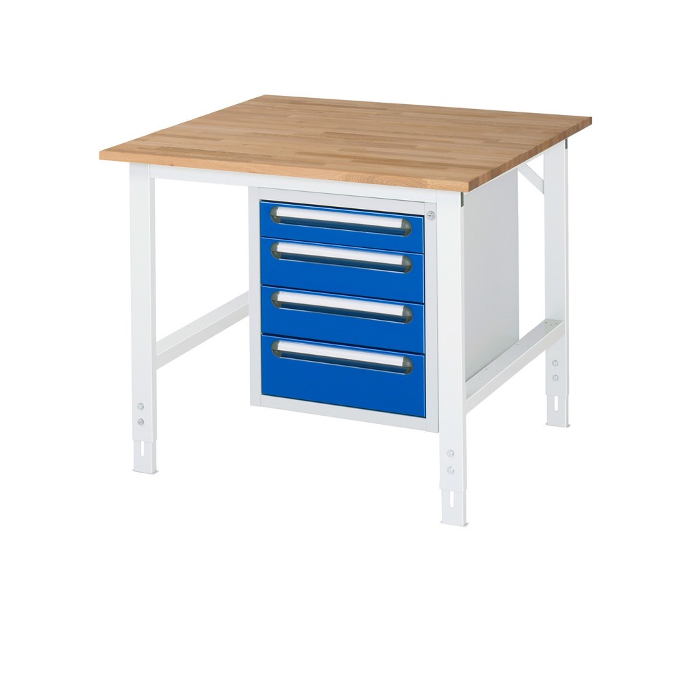 Immagine del prodotto: Tavolo da lavoro RAU regolabile in altezza serie TOM, AxLxP 760-1.080 x 1.000 x 1.000 mm, 4 cassetti, piano di lavoro in faggio massiccio
