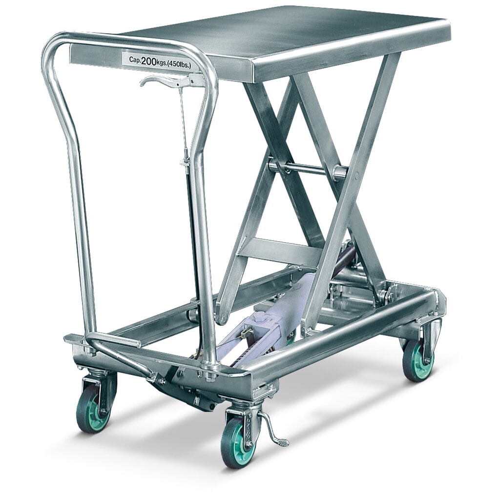 Transpallet a pantografo con piano elevatore in acciaio inox, portata 150 kg, da 700 x 450 mm Immagine del prodotto: Transpallet a pantografo con piano elevatore in acciaio inox, portata 150 kg, da 700 x 450 mm