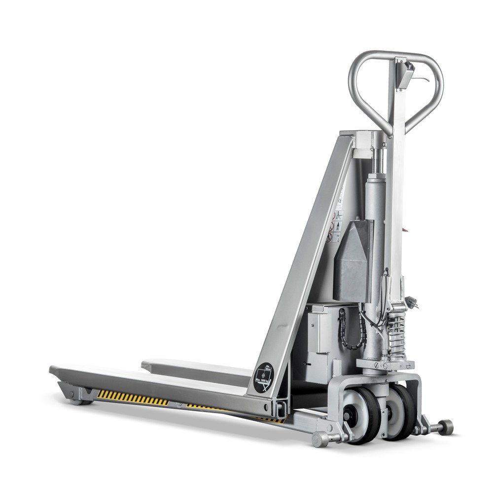 Immagine del prodotto: Transpallet a pantografo in acciaio INOX - elettroidraulico, lunghezza forche 1.200 mm, nylon