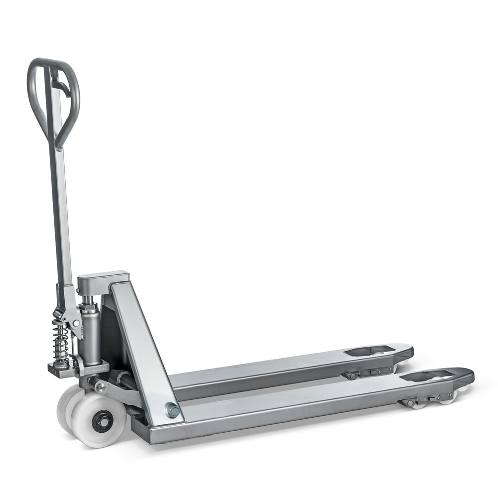 Immagine del prodotto n. 1: Transpallet manuale in acciaio INOX, lunghezza totale 1.130 mm, nylon, ruote tandem