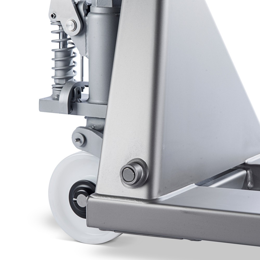 Immagine del prodotto n. 3: Transpallet manuale in acciaio INOX, lunghezza totale 1.130 mm, nylon, ruote tandem