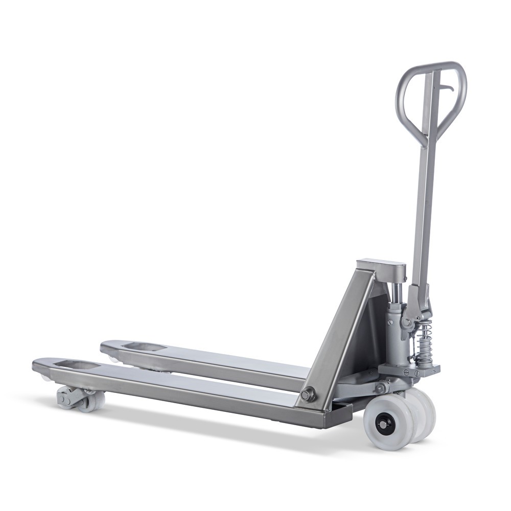 Immagine del prodotto n. 6: Transpallet manuale in acciaio INOX, lunghezza totale 1.130 mm, nylon, ruote tandem