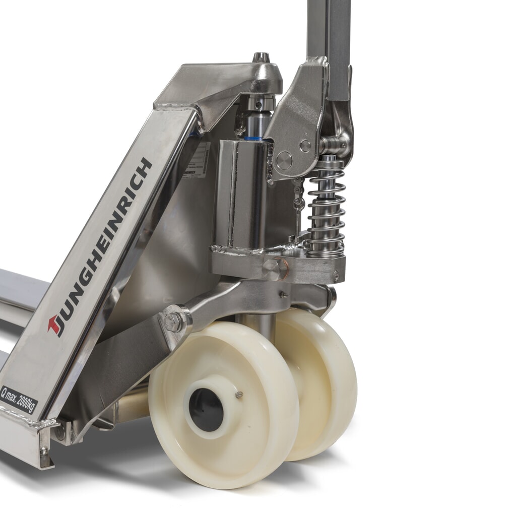 Immagine del prodotto n. 3: Transpallet manuale in acciaio inox Jungheinrich AM I20p, versione professionale, portata 2.000 kg, larghezza speciale piastra portaforche 680 mm, lunghezza forche 1.220 mm, nylon, rulli tandem
