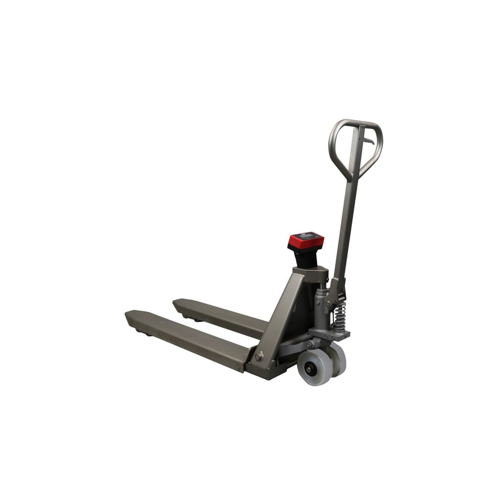 Immagine del prodotto n. 1: Transpallet Ravas in acciaio inox con bilancia INOX, portata 2.000 kg, lunghezza forche 1.150 mm, poliammide, rulli tandem