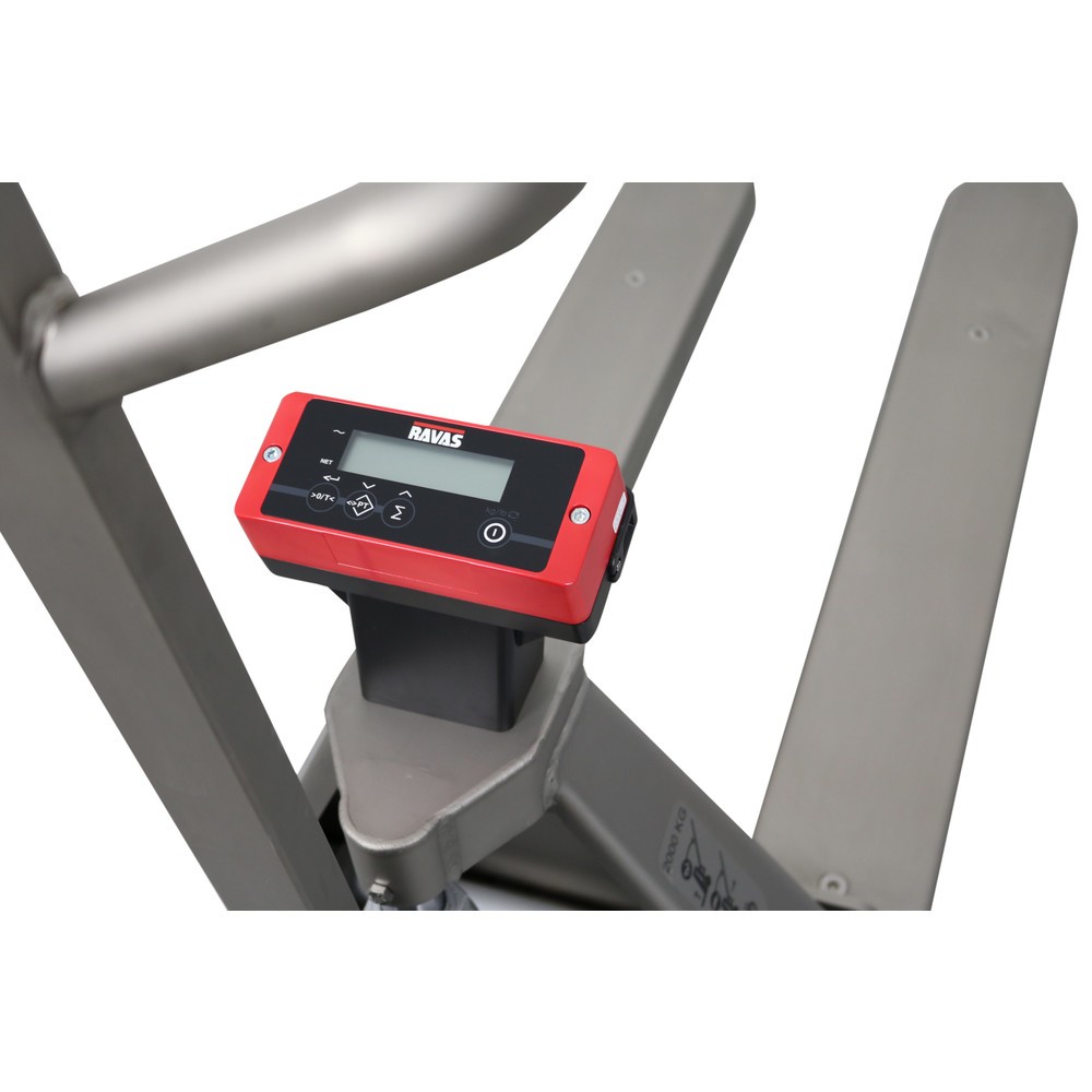 Immagine del prodotto n. 2: Transpallet Ravas in acciaio inox con bilancia INOX, portata 2.000 kg, lunghezza forche 1.150 mm, poliammide, rulli tandem