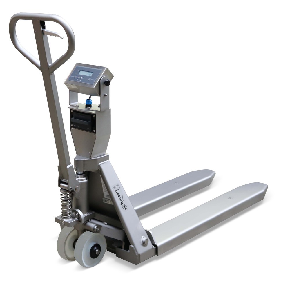Immagine del prodotto n. 1: Transpallet pesatore in acciaio inox INOX PRO con display multirange, portata 2.000 kg, lunghezza forche 1.150 mm, poliammide, ruote tandem