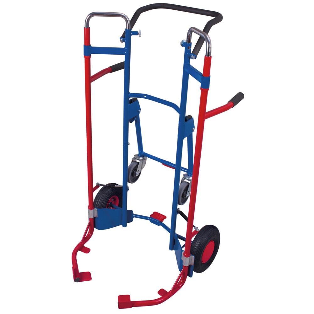 Immagine del prodotto: VARIOfit® Reifen-Sackkarre aus Stahl, Tragkraft 200 kg, für 10 Reifen, Luft-Bereifung, mit Stützrädern und Teleskopauszug, enzianblau