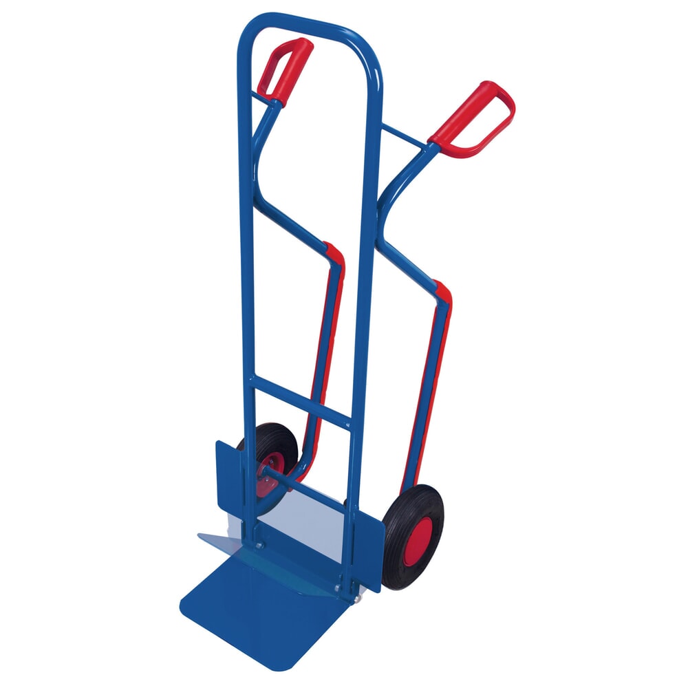 Immagine del prodotto: VARIOfit® Stahlrohr-Sackkarre mit auswechselbaren Gleitkufen, Tragkraft 200 kg, Schaufel BxT 320 x 255 mm, Luft-Bereifung, Schaufel abklappbar, enzianblau