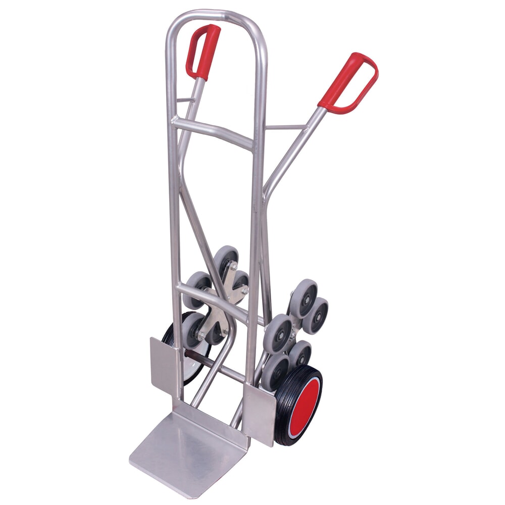 Immagine del prodotto: VARIOfit® Treppen-Sackkarre aus Aluminium, Tragkraft 200 kg, 5-armiger Radstern, Schaufel BxT 300 x 285 mm, Vollgummi-Bereifung
