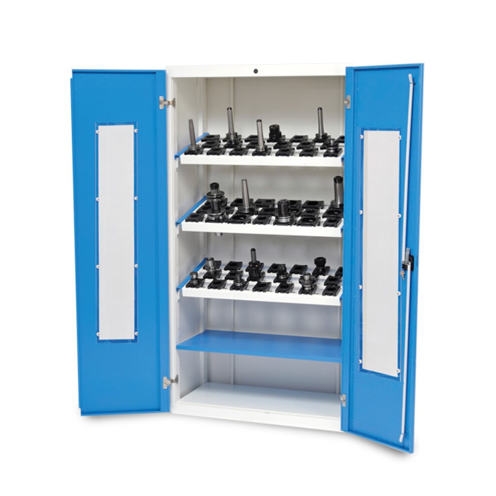 Immagine del prodotto: Vetrina CNC Bedrunka+Hirth, AxLxP 1.838 x 980 x 500 mm, grigio chiaro, azzurro, con 3 telai portautensili CNC, 1 ripiano
