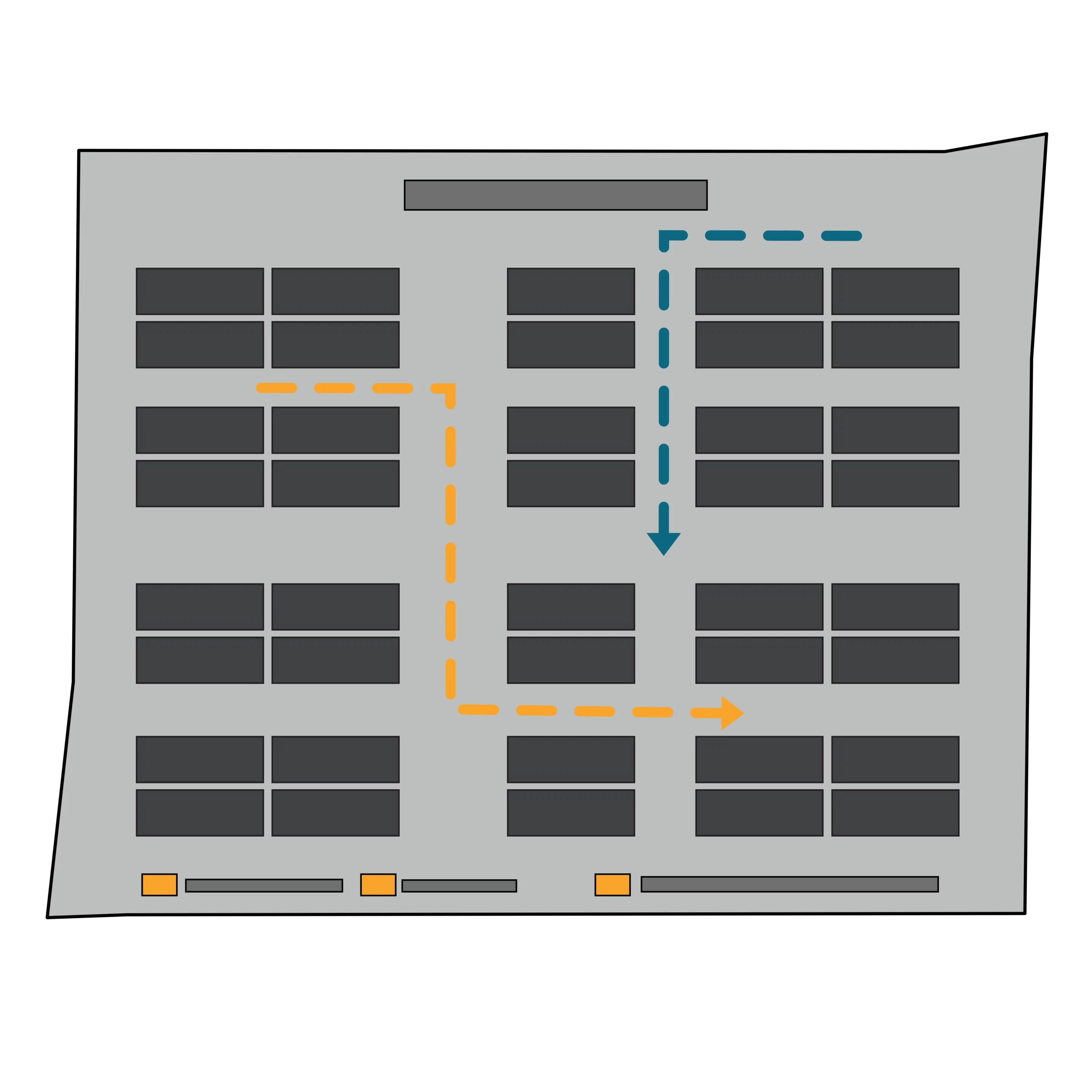 Icona che illustra il layout del magazzino con scaffalature e percorsi di trasporto