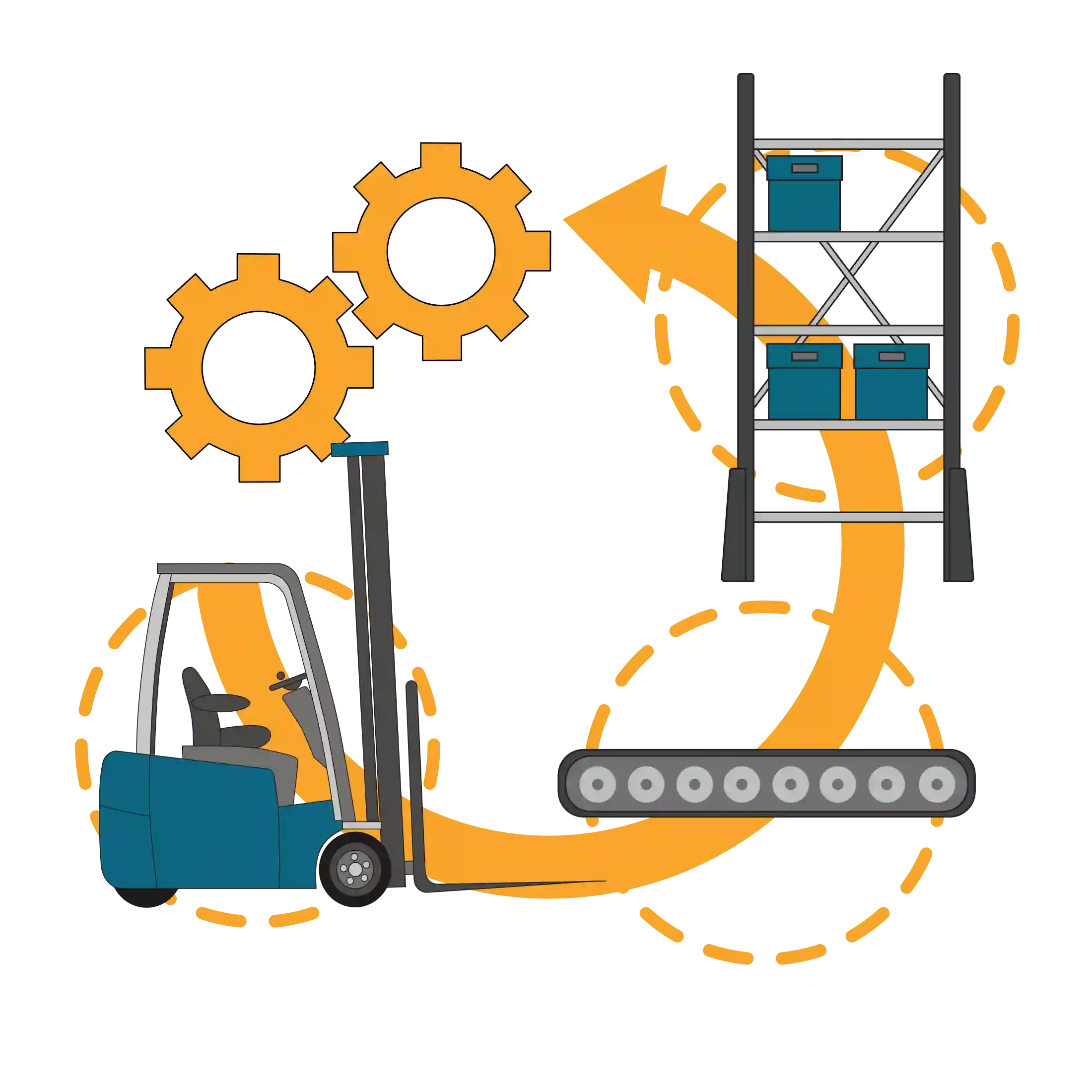 Icona che rappresenta la tecnologia di stoccaggio e trasporto con carrello elevatore e scaffalature