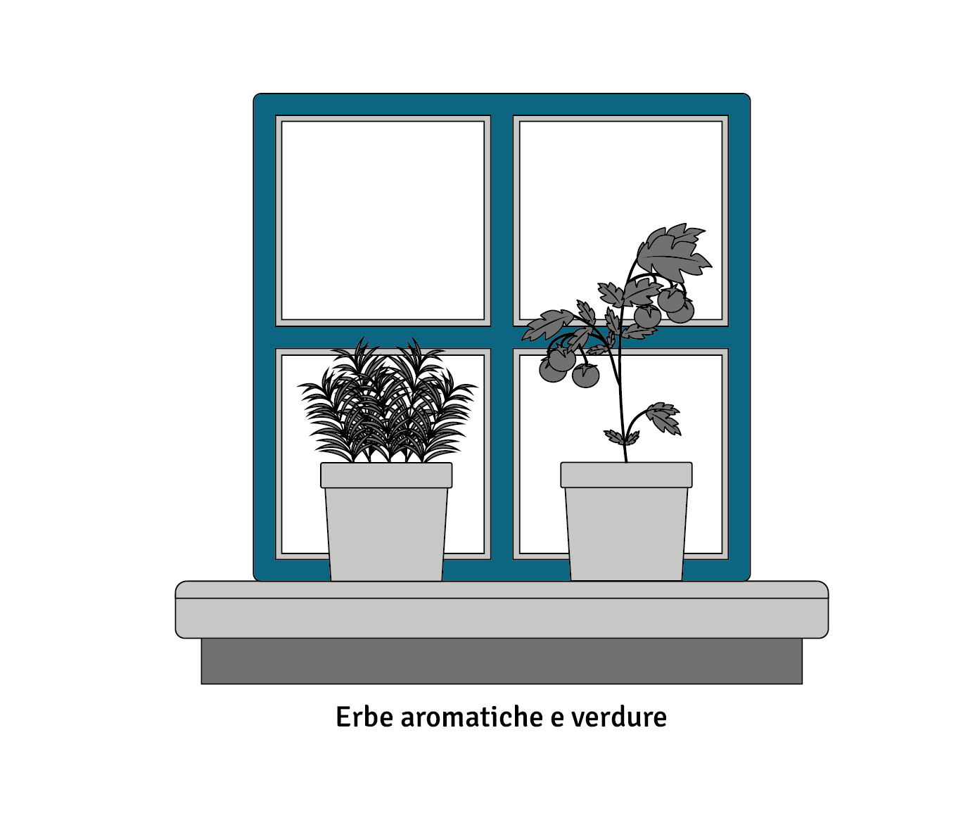 Illustrazione di erbe aromatiche e verdure coltivate sul davanzale dell’ufficio.