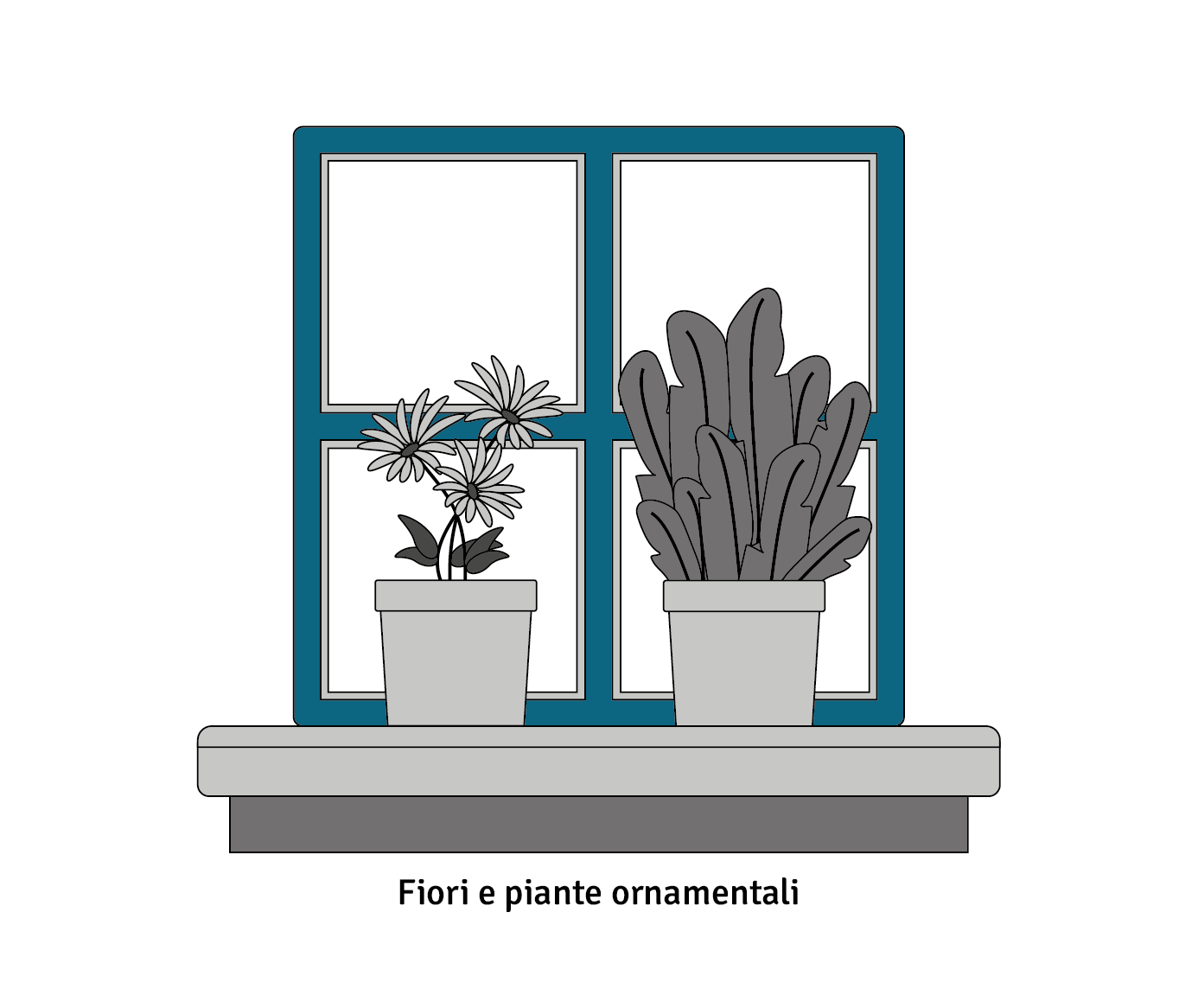 Illustrazione di fiori e piante ornamentali sul davanzale dell’ufficio.